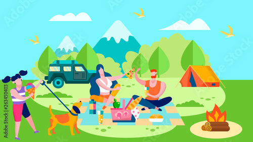 Fototapeta Naklejka Na Ścianę i Meble -  Summer Camp and Picnic in Forest Cartoon Banner