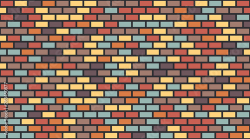 Vector colorful red blue brown yellow violet dark brick wall background. Old texture urban masonry. Vintage architecture block wallpaper. Retro facade room illustration