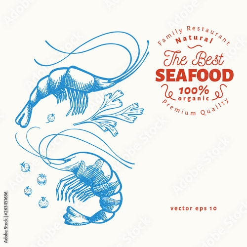Prawns illustrations. Hand drawn vector seafood illustration. Engraved style. Vintage shrimps