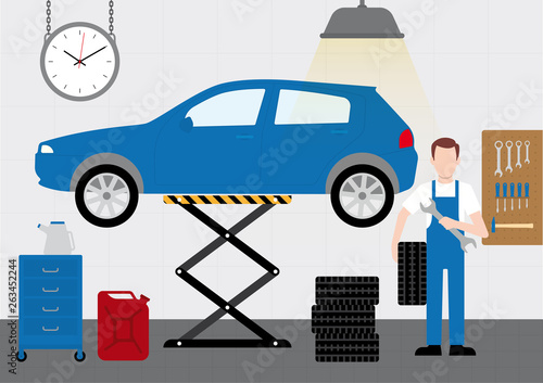 Car service and repair building or garage. Flat car repair shop.