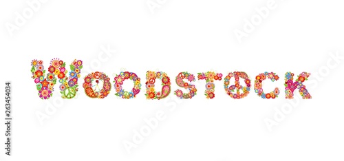 Obraz na plátně Colorful Woodstock flowers lettering with hippie peace symbol with flower power