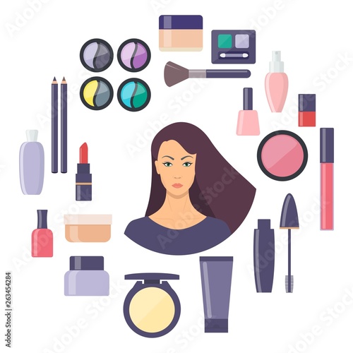 Woman face surrounded by decorative cosmetics elements. Everything for make up and self care.