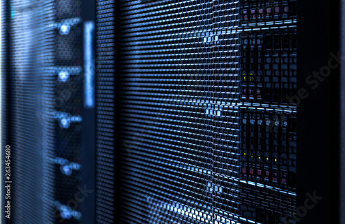 Big data server rack with hard drives close up