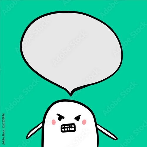 Angry monster and speech bubble hand drawn illustration in cartoon style