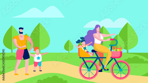 Happy Family in Park Cartoon Banner Flat Style © Mykola