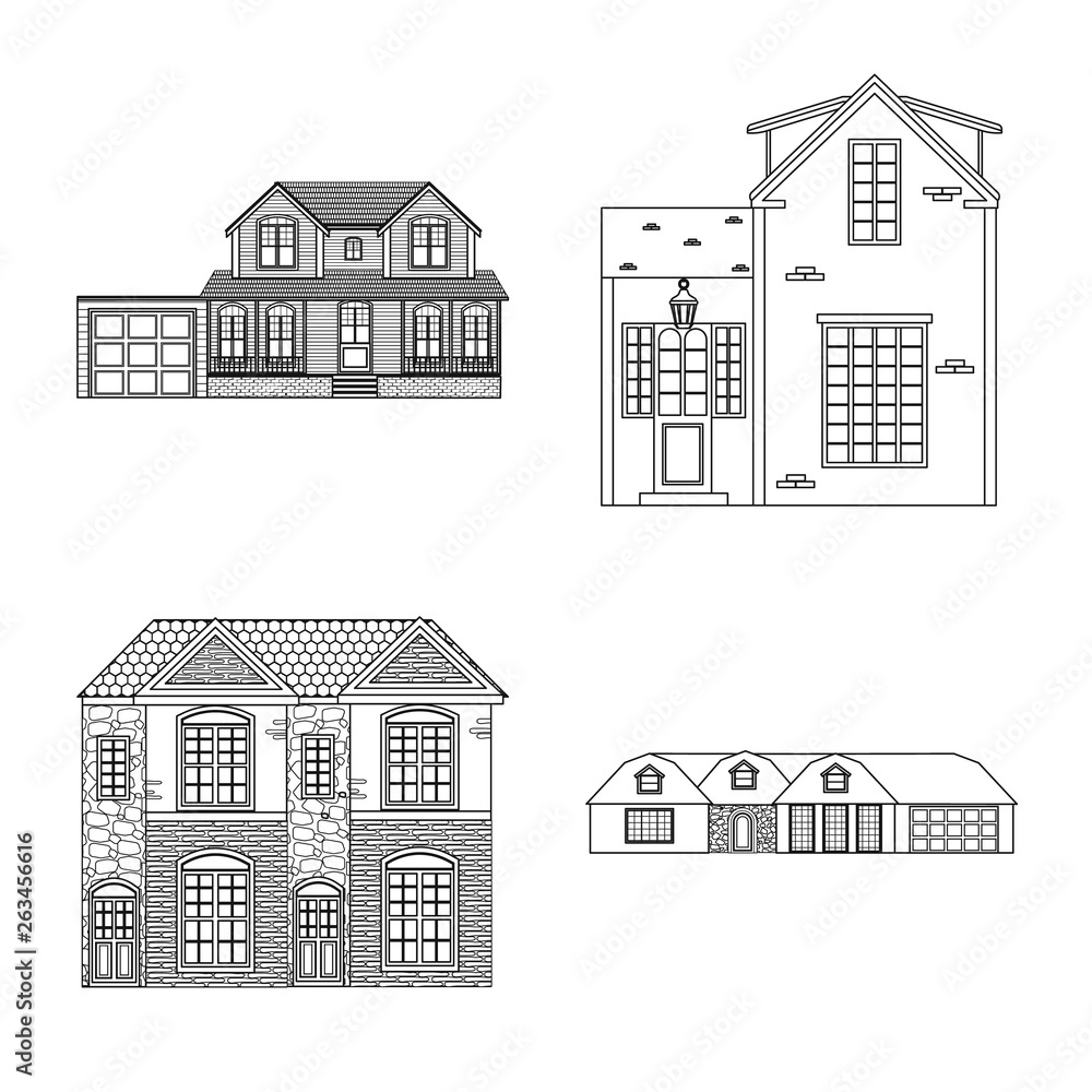 Vector illustration of building and front sign. Collection of building and roof vector icon for stock.