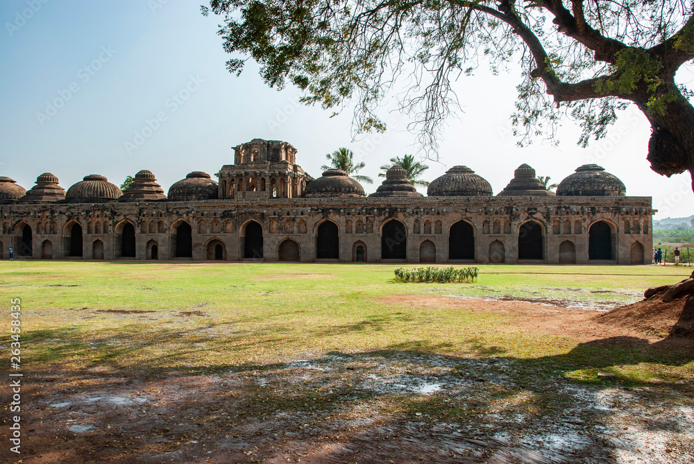 Ancient ruins of Elephant Stables. Hampi, India.