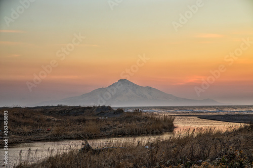 Rishiri Island and Rishiri Fuji at Sunset in Wakkanai Hokkaido Japan photo