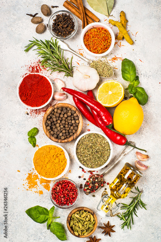Fototapeta Naklejka Na Ścianę i Meble -  Set of various spices and herbs top view.