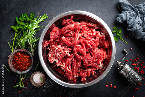 Mince. Ground meat with ingredients for cooking