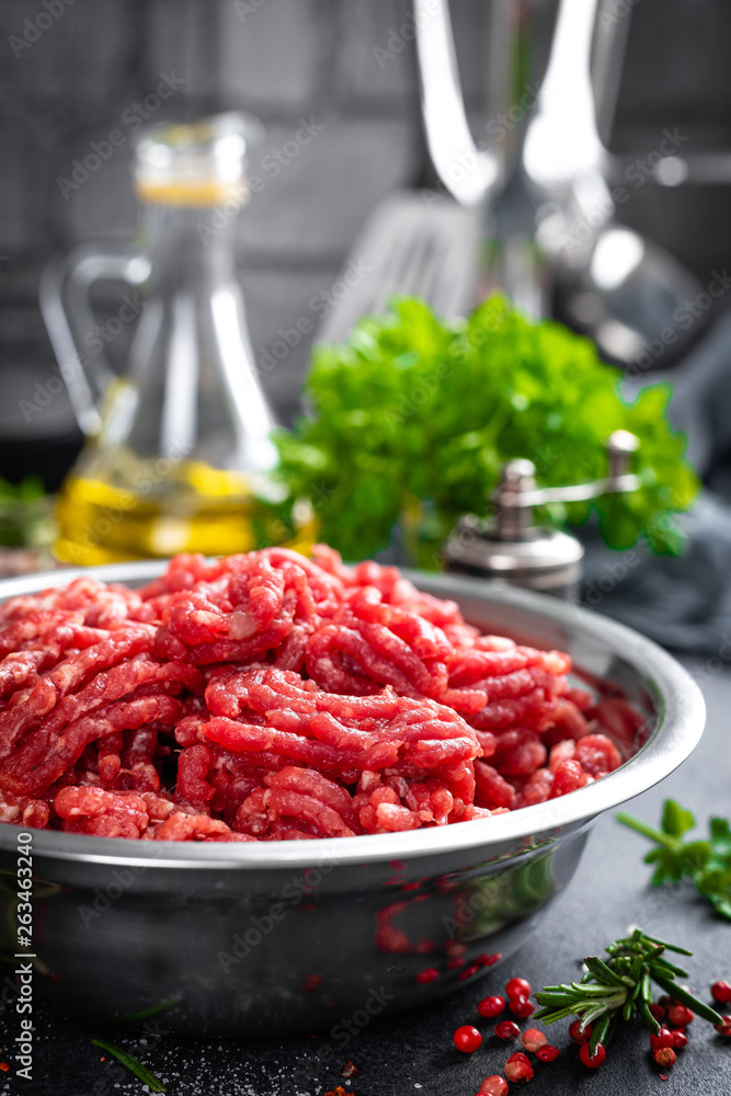 Mince. Ground meat with ingredients for cooking Mince. Ground meat with ingredients for cooking