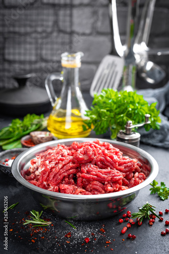 Mince. Ground meat with ingredients for cooking