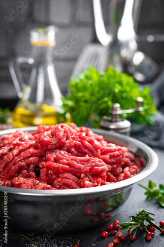 Mince. Ground meat with ingredients for cooking