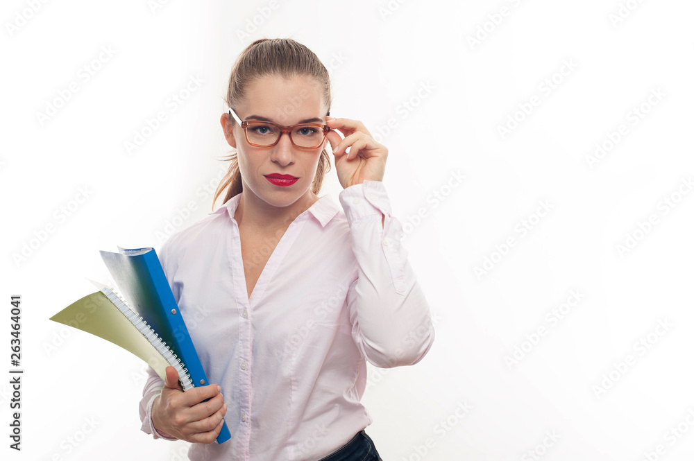 Attractive young woman interviewer on white background Attractive young woman interviewer on white background