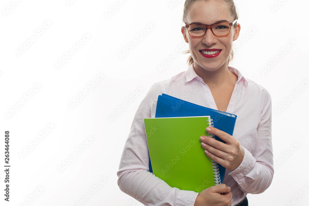 Attractive young woman interviewer on white background Attractive young woman interviewer on white background