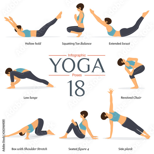 Set of 8 yoga poses in flat design. Woman figures exercise in blue sportswear and black yoga pants for yoga infographics. Vector Illustration.