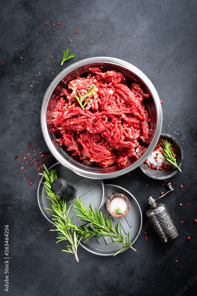 Mince. Ground meat with ingredients for cooking Mince. Ground meat with ingredients for cooking