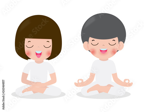 Young woman and man couple meditating in lotus pose. Cute cartoon yoga and meditation flat style. Vector illustration isolated on white background