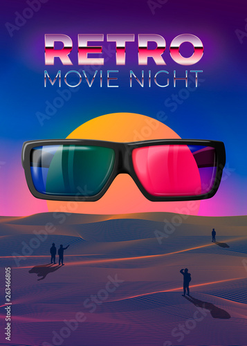  Vector retro movie night poster design template in 80s vintage futurism style, with 3d glasses on the sun background, and people gaze on it. 