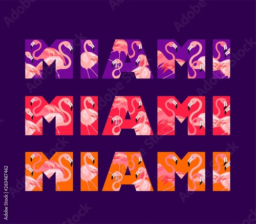 Violet, pink and orange t shirt prints variation Miami lettering with cute pink flamingo