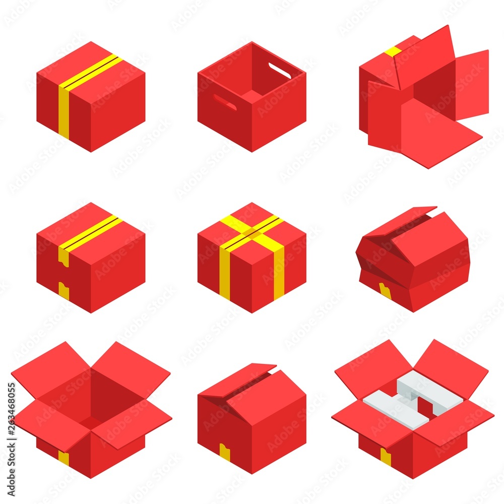 Obraz premium Isometric set of red cardboard box isolated with yellow ribbon on white background. Isoleted vector illustration. Open and close empty carton packaging box of cartoon style for your bisiness design