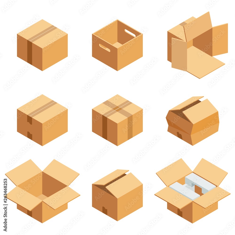 Isometric set of brown cardboard box isolated on white background. Isoleted vector illustration. Open and close empty carton packaging box of cartoon style for your bisiness design Isometric set of brown cardboard box isolated on white background. Isoleted vector illustration. Open and close empty carton packaging box of cartoon style for your bisiness design