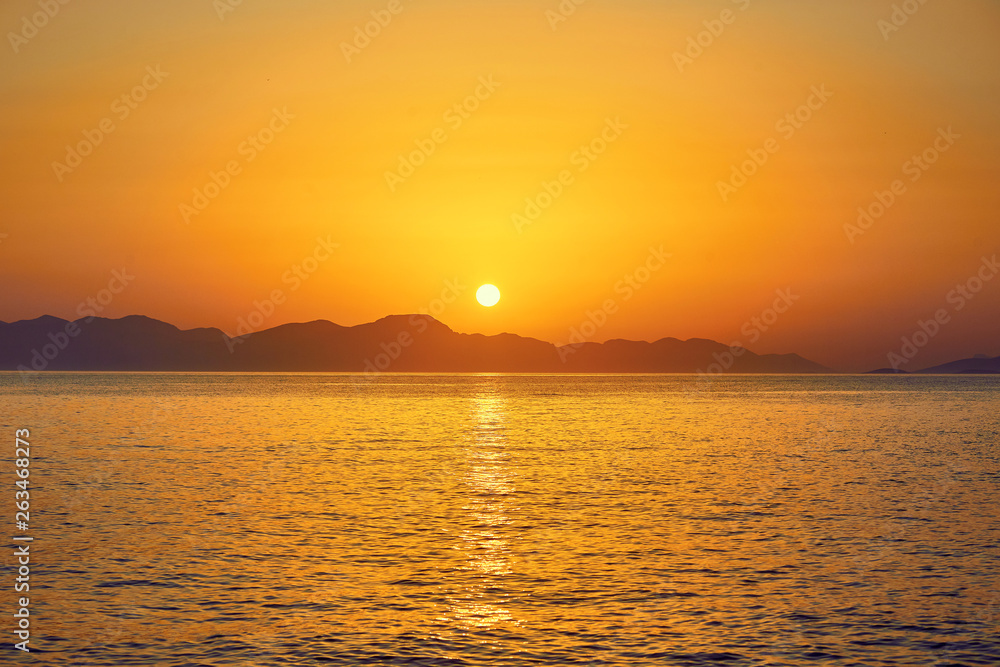 Bodrum, Turkey: Beautiful seascape at sunset over the sea with blue and pink pastel colors. Vacation Outdoors Seascape Summer Travel Concept