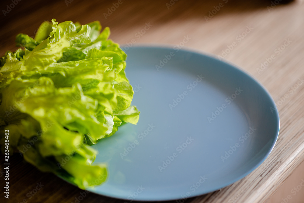 Fresh green lettuce leaves on a blue dish . Glettuce on a plate brown wooden table. Fresh green lettuce leaves on a blue dish . Glettuce on a plate brown wooden table.