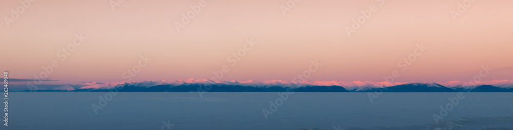 Panorama of late sunset on Lake Baikal.