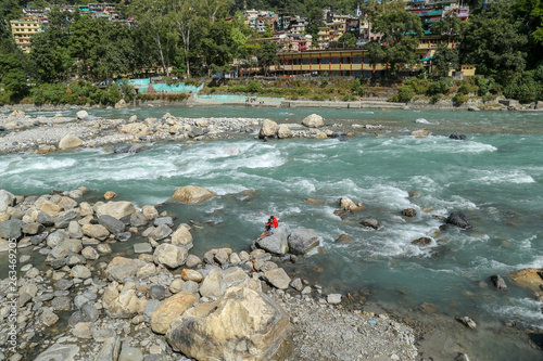 Obraz na plátně Top view of a riverscape in the Himalayas