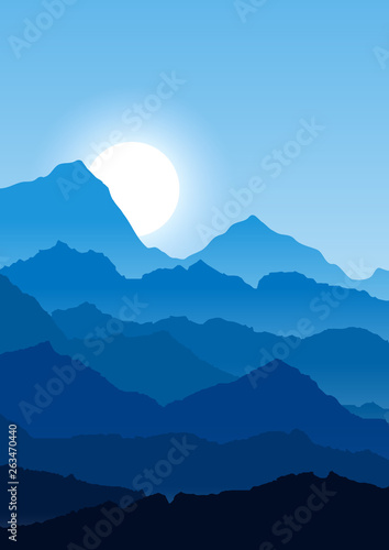 Flat mountain  landscape. Morning in the mountains. Tourism and travelling. Vector flat design