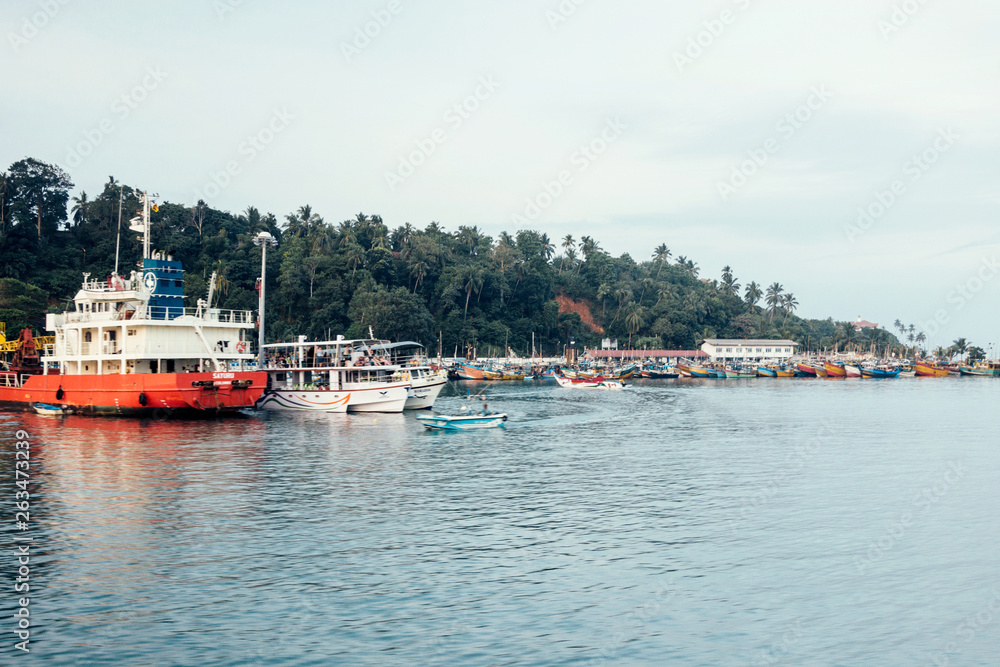 boats in harbor at coast in mirissa beach boats in harbor at coast in mirissa beach
