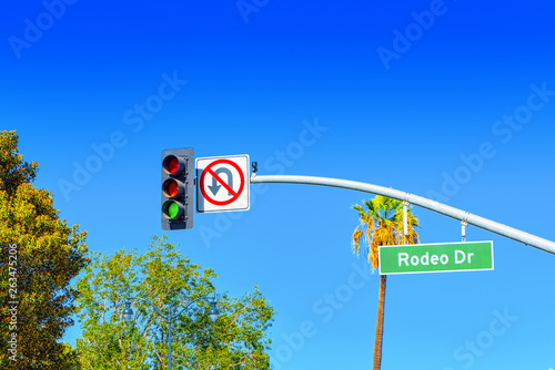 Rodeo Drive Road Sign on fashionable street Rodeo Drive in Hollywood.