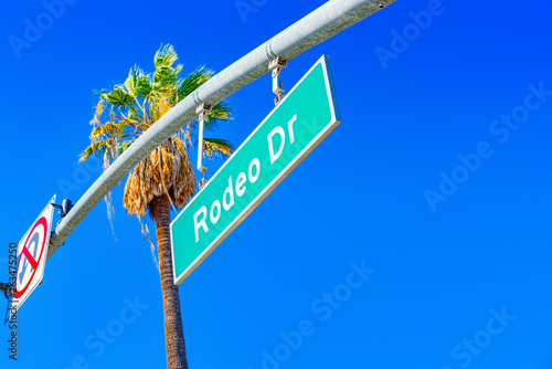 Rodeo Drive Road Sign on fashionable street Rodeo Drive in Hollywood.