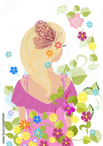 romantic girl with blond hair in flowers for your design