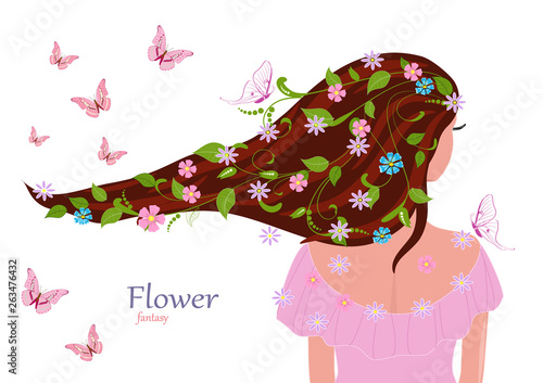 fashion girl with leaves and flowers in her hair for your design