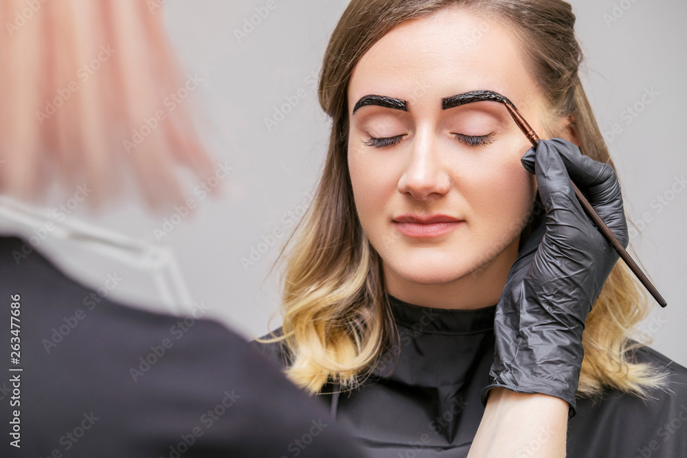 Brow and make up artist shaping and coloring eyebrows of her woman client in salon. Procedure in process. Space for text Brow and make up artist shaping and coloring eyebrows of her woman client in salon. Procedure in process. Space for text