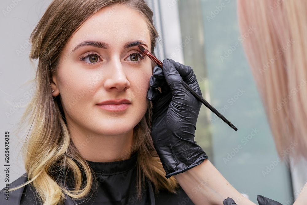 Brow and make up artist shaping and coloring eyebrows of her woman client in salon. Procedure in process. Space for text Brow and make up artist shaping and coloring eyebrows of her woman client in salon. Procedure in process. Space for text
