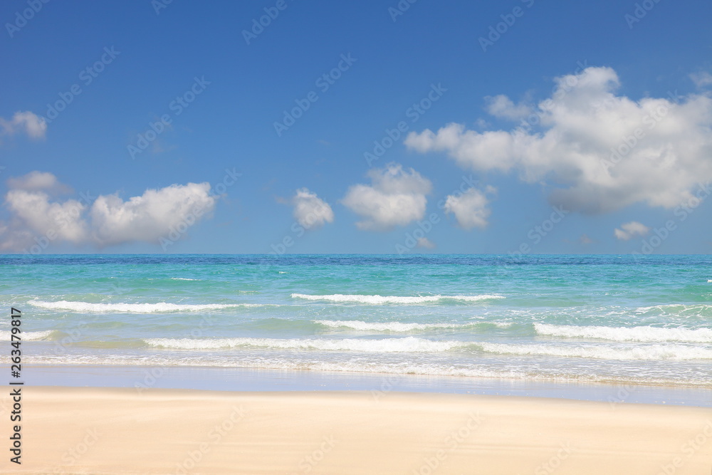 Sunny day at the beach with bright blue sky and fluffy white cloud on the sea horizon with copy space