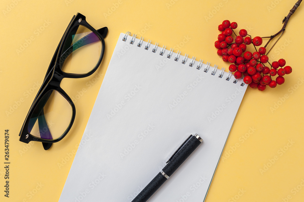 Notebook, eyeglasses and office stationery on bright yellow background Notebook, eyeglasses and office stationery on bright yellow background