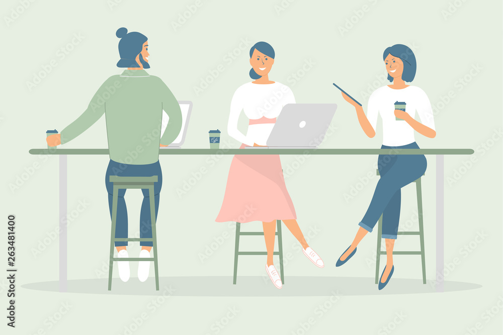 Women and man friends or colleagues sitting at desk in modern office or cafe,working at notebook and tablet,have coffee, talking.Effective and productive teamwork.Hand drawn style vector illustrations