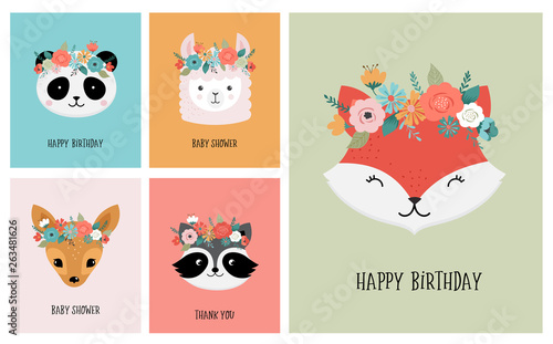 Cute animals heads with flower crown, vector illustrations for nursery design, poster, birthday greeting cards. Panda, llama, fox, koala, cat, dog, raccoon and bunny