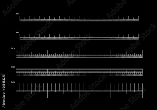 Vector set of metric rulers in flat style. Measuring scales. Mackup for rulers. Size indicators set isolated on background. Unit distances. Concept graphic element