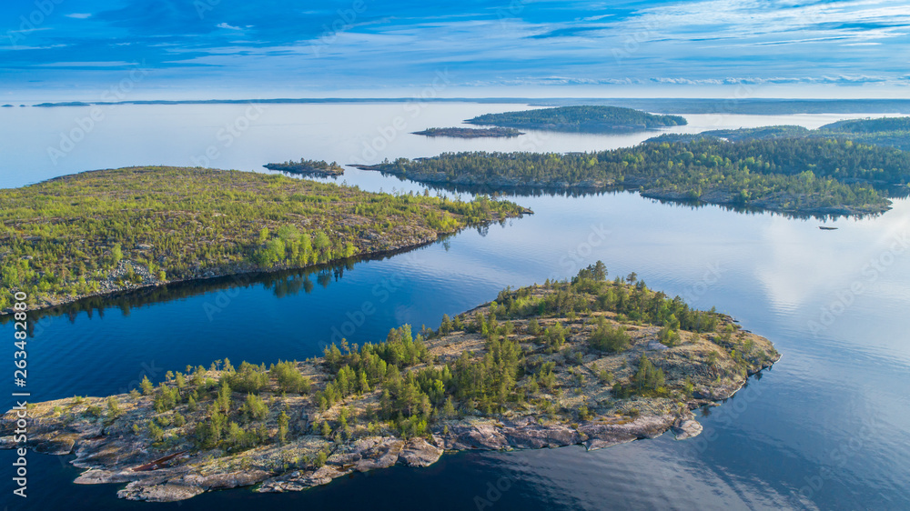 Karelia. Russia. Panorama of the Karelian Islands from a height. Ladoga lake. Panorama of Karelia. Islands in Lake Ladoga. Northern nature of Russia. Republic of Karelia.