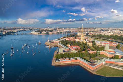 Saint Petersburg. Russia. Panorama view of the Peter and Paul Fortress. Star Peter and Paul Fortress. Rabbit Island. Vasilyevsky Island. Neva River. Bridges of St. Petersburg. Travel to Russia.