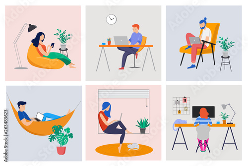 Working at home, coworking space, concept illustration. Young people, man and woman freelancers working at home. Vector flat style illustration