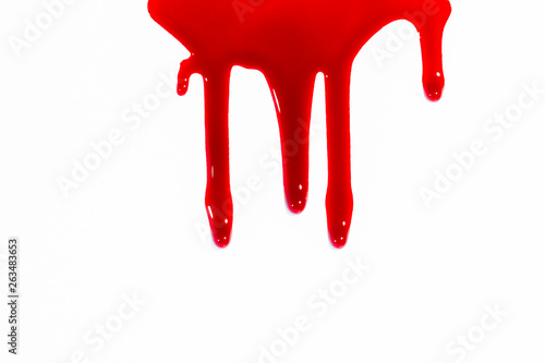red nail polish on a white background, a drop of red, blood flows, arko red color, scarlet