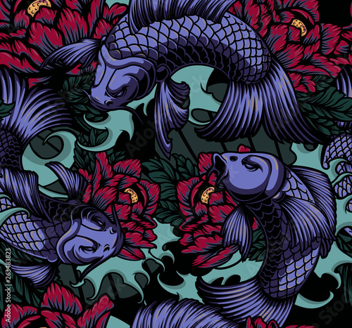 Seamless pattern with koi carp