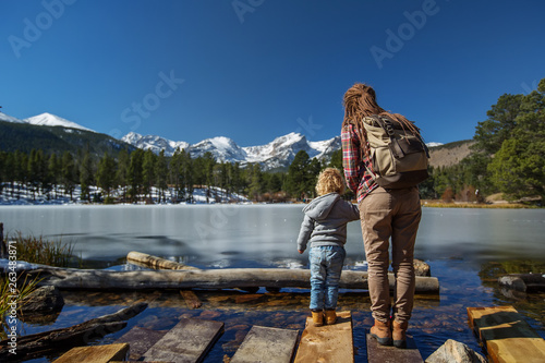 Family in Rocky mountains National park in USA