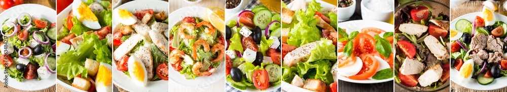 Photo of collage of fresh salads. Healthy food concept. Diet food. Greek, Caesar, shrimp, caprese salad. Photo of collage of fresh salads. Healthy food concept. Diet food. Greek, Caesar, shrimp, caprese salad.